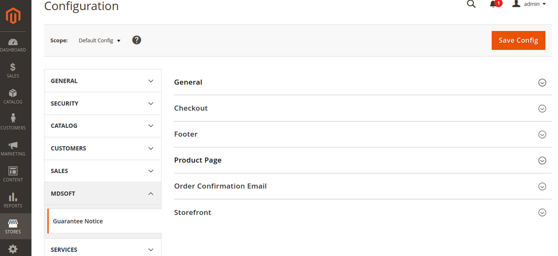 The Magento admin configuration screen showing the Guarantee Notice section under the MDSOFT tab, with groups for General, Checkout, Footer, Product Page, Order Confirmation Email and Storefront