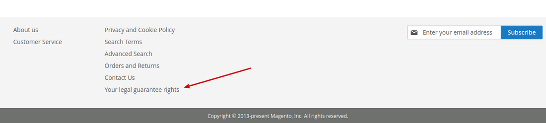 A Magento storefront footer showing the link “Your legal guarantee rights” among the other footer links