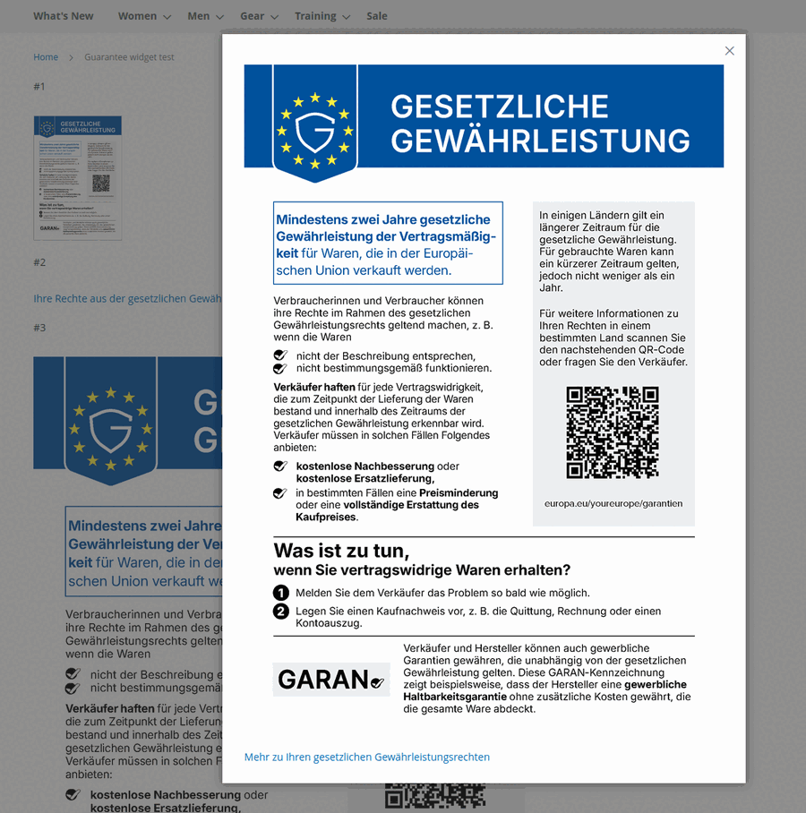 The harmonised notice opened in a pop-up over a storefront page, in German, with the QR code and the GARAN reference